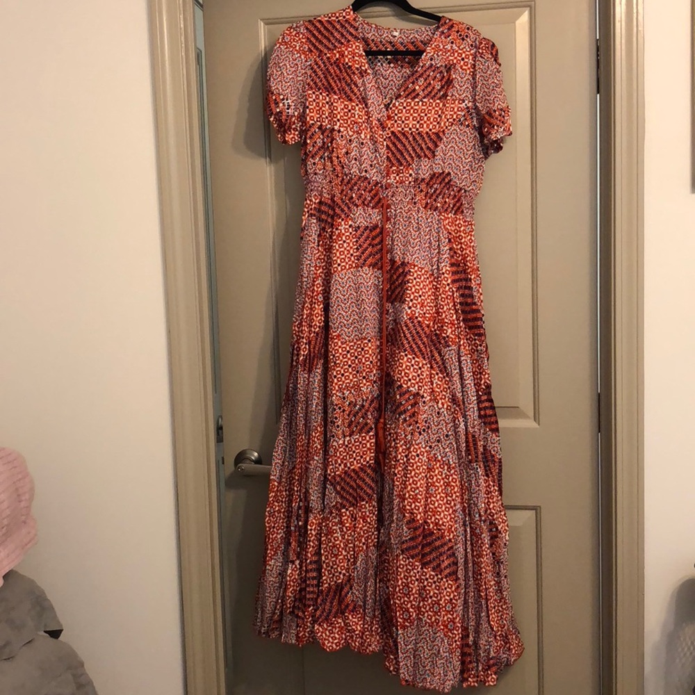 Orange print button front maxi dress